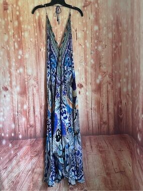 Shahida Parides Deep V Neck Blue Printed High Low Maxi Silk Halter Dress OS